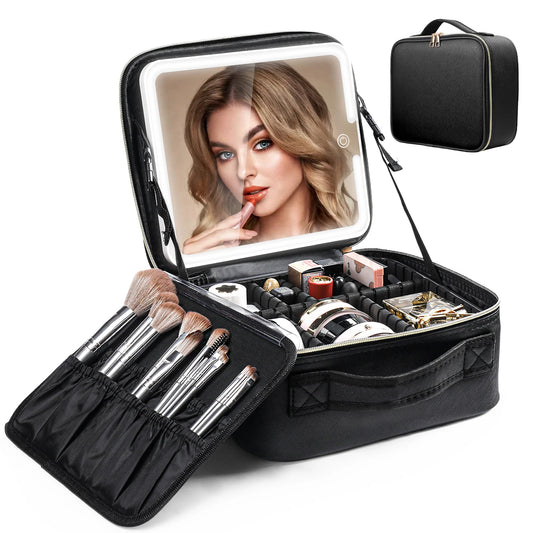 Travel Makeup Bag with LED Lighted Mirror – Adjustable Dividers, Portable Train Case for Home, Gifts & Travel