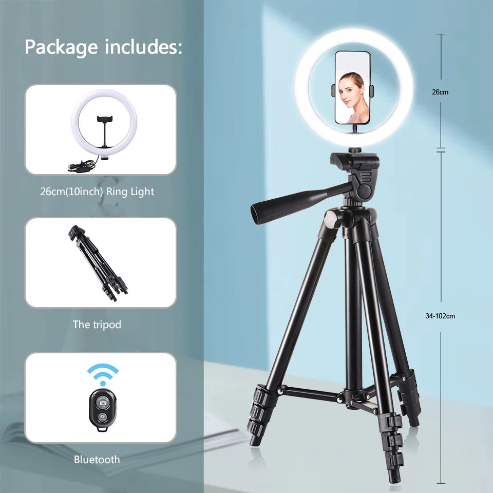 26cm LED Selfie Ring Light with Tripod Stand & Remote – Adjustable Brightness for Video, Makeup & Photography