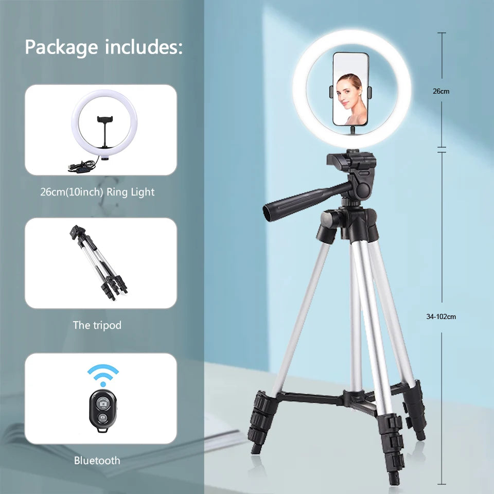 26cm LED Selfie Ring Light with Tripod Stand & Remote – Adjustable Brightness for Video, Makeup & Photography