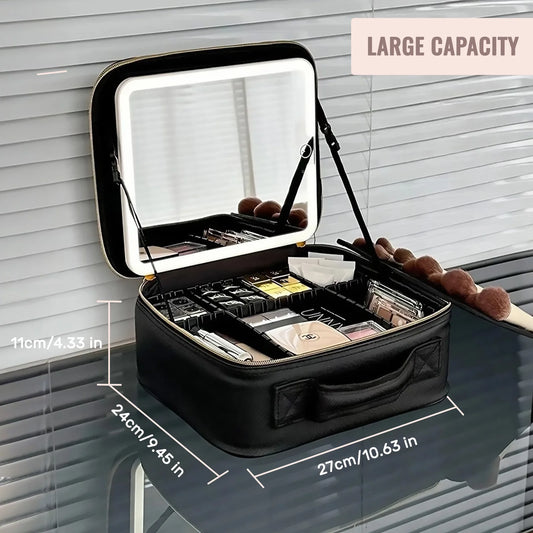 Travel Makeup Bag with LED Lighted Mirror – Adjustable Dividers, Portable Train Case for Home, Gifts & Travel